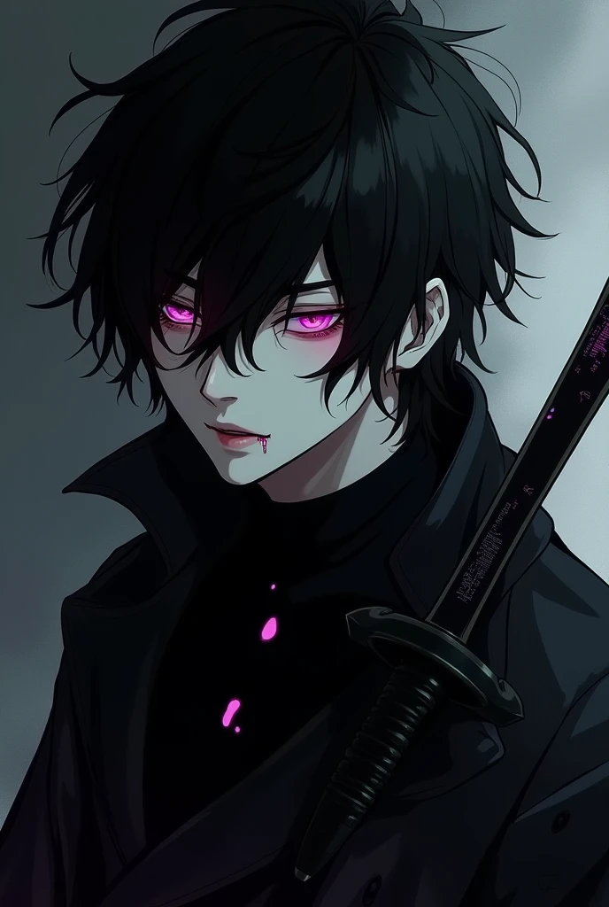 A man.. with dark messy black hair sweeping over his eyes dressed in all balck. He is part demon. He has a violet fire in his black eyes. Anime type picture.He is hot.. He had black dagger. Mysterious vibe . Blood trickling from his lips
