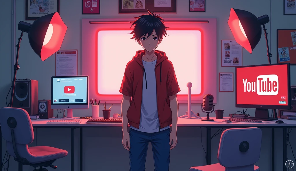 An anime boy, stand on his youtube setup, seeing in camera, without face, straight and seeing in front side