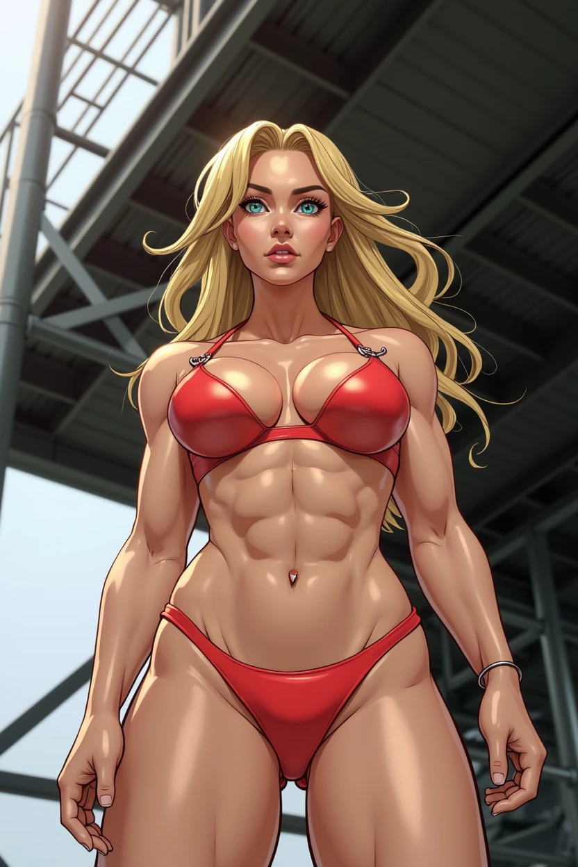 a close up of a person in a bikini and heels, muscular girl, chun li at the gym, cammy, cutesexyrobutts, muscular! green, feminine and muscular, muscular!! sci-fi, strong pose, most strongest pose, muscular! cyberpunk, muscular sweat lara croft, muscular ultraviolent woman, muscled, muscular!!, bodybuilder superhero bikini