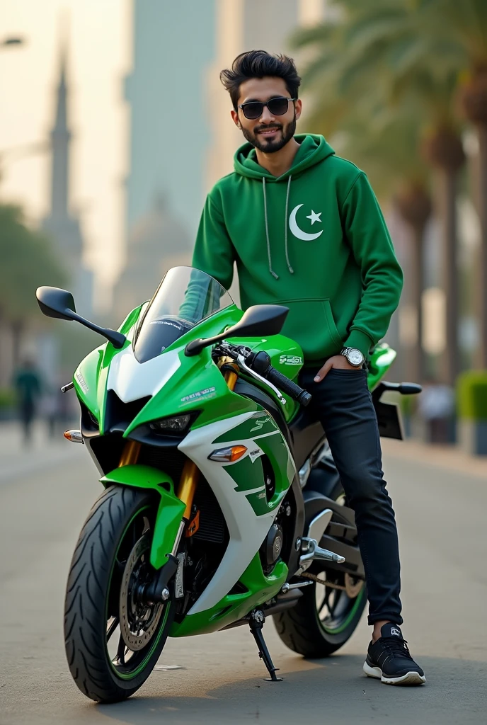 Create 3D illusion for a profile picture where a 23-Year-old cute boy in a GREEN hoodie in front write name Rohan stand beside casually on a Pakistani Colored Green and white GSX-R1000, Wearing black sneakers, and sunglasses, he looke ahead with Pakistani flag in his bike, The background features is city