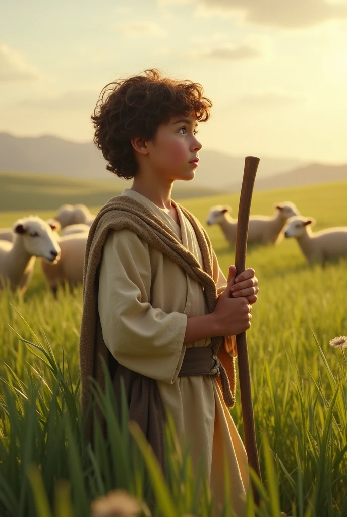 ((best quality)), ((masterpiece)), (detailed), perfect face
"A young shepherd boy, Davi, standing in a vast green field in Bethlehem, surrounded by sheep. He is holding a wooden staff and looking thoughtfully at the horizon. The scene is peaceful, with soft sunlight casting a warm glow over the landscape."