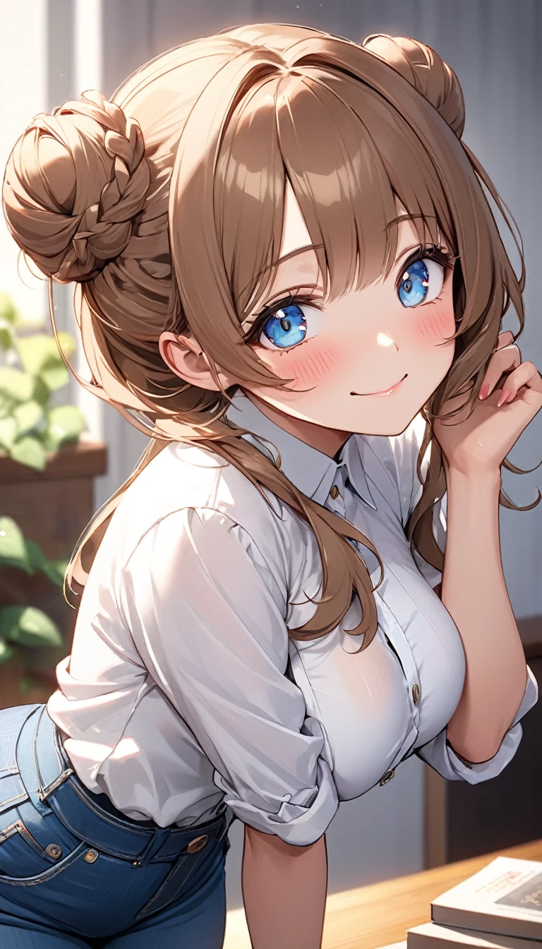 masterpiece, Highest quality, Very detailed, ,The finer details, Anime Style, One Girl, 22 years old, Cute Face、bangs, Large Breasts、Big Ass、Tight waist, front、Long brown hair in a bun、Beautiful Eyes、Light blue eyes, Shiny Hair, Look at the photographer､ とってもCute Face, smile、Posing with both arms wrapped around、My fingers５Book、 White shirt,、denim 、Shallow depth of field、Looking up、Embarrassed face
