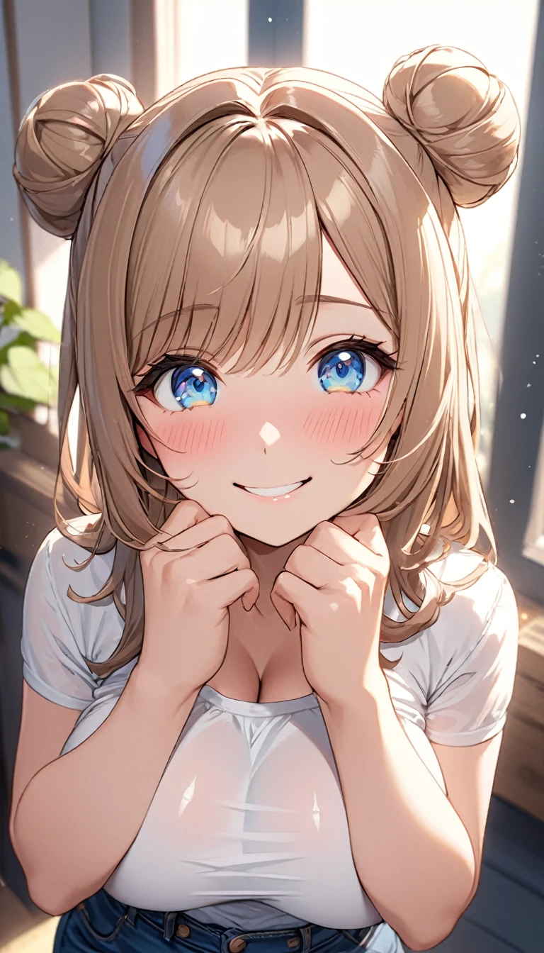 masterpiece, Highest quality, Very detailed, ,The finer details, Anime Style, One Girl, 22 years old, Cute Face、bangs, Large Breasts、Big Ass、Tight waist, front、Long brown hair in a bun、Beautiful Eyes、Light blue eyes, Shiny Hair, Look at the photographer、 とってもCute Face, smile、Posing with both arms wrapped around、My fingers5Book、 White shirt,、denim 、Shallow depth of field、Looking up、Embarrassed face