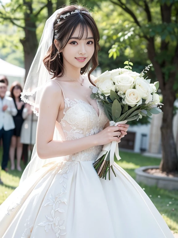 Photo-realistic quality、a woman in a Wedding dress holding a bouquet of flowers、Standing in front of the church、20 year old Japanese model、白のWedding dress,Hanae Mori style wedding dress、Japan idols at 20 years old、lace prom dresses、looking at the camera、Detailed and beautiful eyes、Cute smile、Relaxed and gentle expression、a close up of a woman in a Wedding dress holding a bouquet, Wedding dress, So magical and dreamy、Blur the background a lot、300ｍｍ F2.Shot with 8 lenses