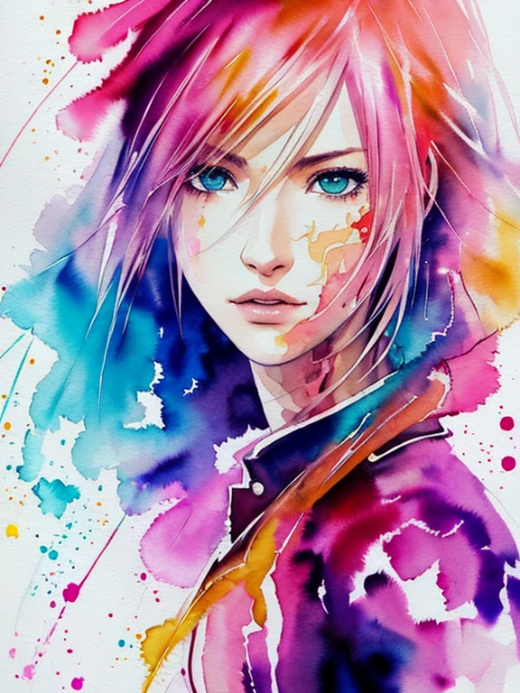 (((Agnes Cecile:1.3, watercolor))), precise lineart:1.1, glowing design, ink drops, Final Fantasy XIII Character Lightning (Claire Farron), centered, key visual, intricate, highly detailed, breathtaking beauty, vibrant, Beautiful Muses, comprehensive cinematic, ((Carne Griffiths, Conrad Roset)), autumn lights, (the most beautiful portrait in the world:1.4), (masterpiece, best quality), 