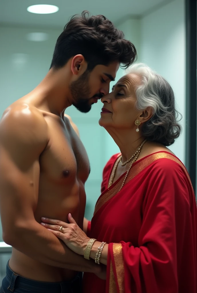 A young indian man in a office,in nude,penis errected,kissing a eldery indian lady who wears red saree at the office