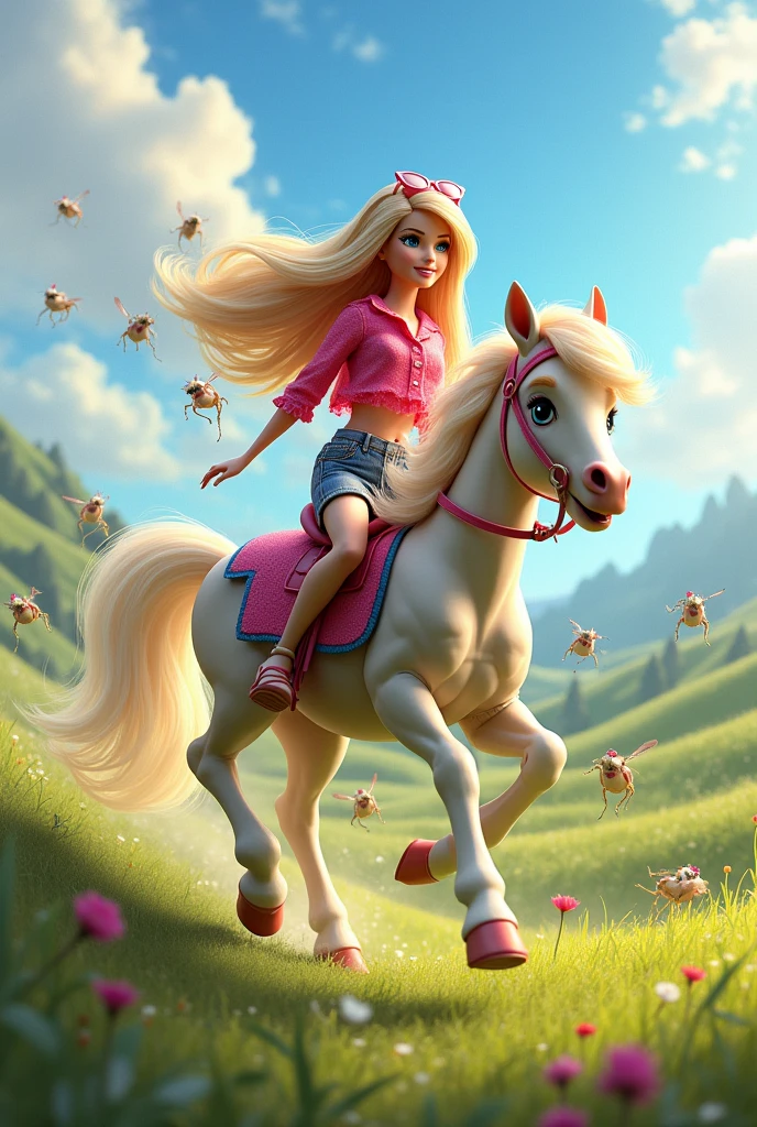 Barbie rides a pony to catch grasshoppers.
