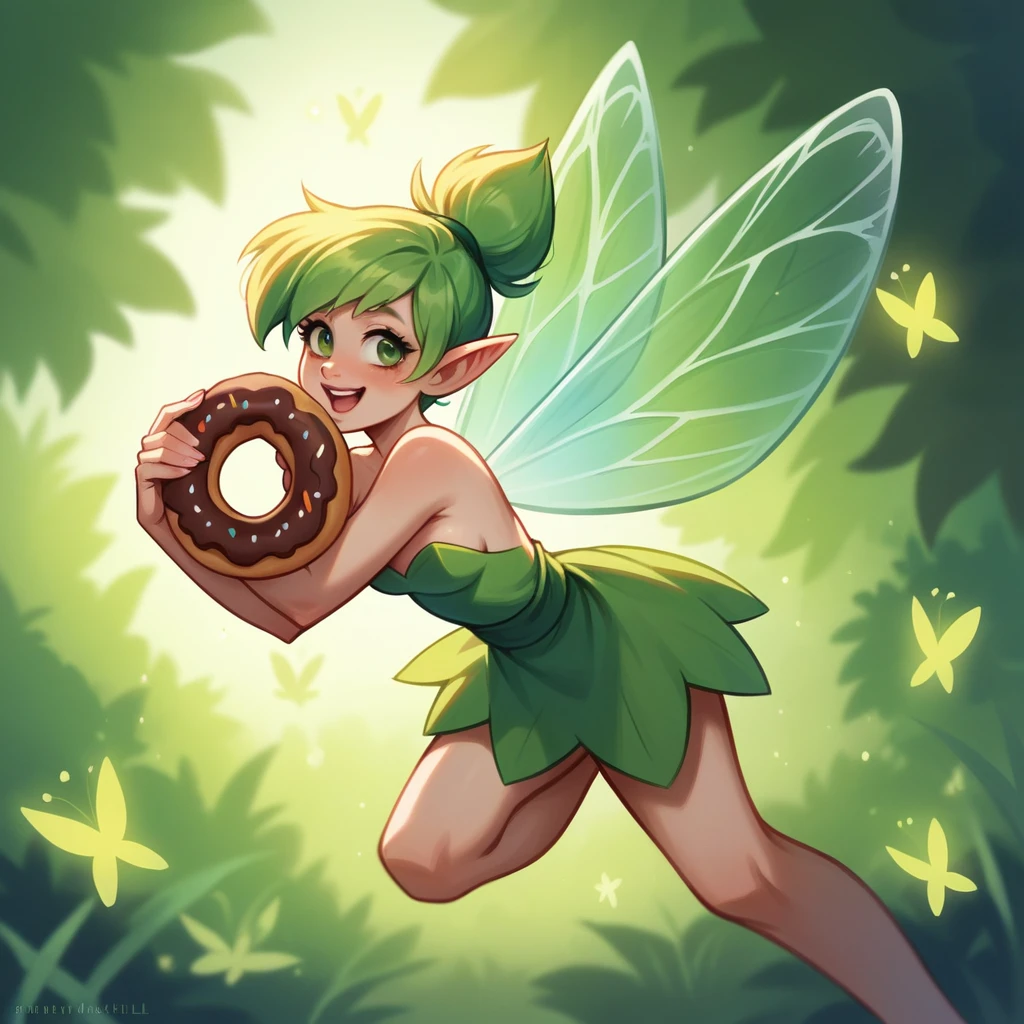 A masterpiece, top quality, highly detailed, extremely detailed, ultra-realistic, humorous, delicate anime style illustration. Fairyland, cinematic lighting, a donut shop run by fairies, Tinkerbell the fairy biting into a giant chocolate donut, she is a character from "Peter Pan".