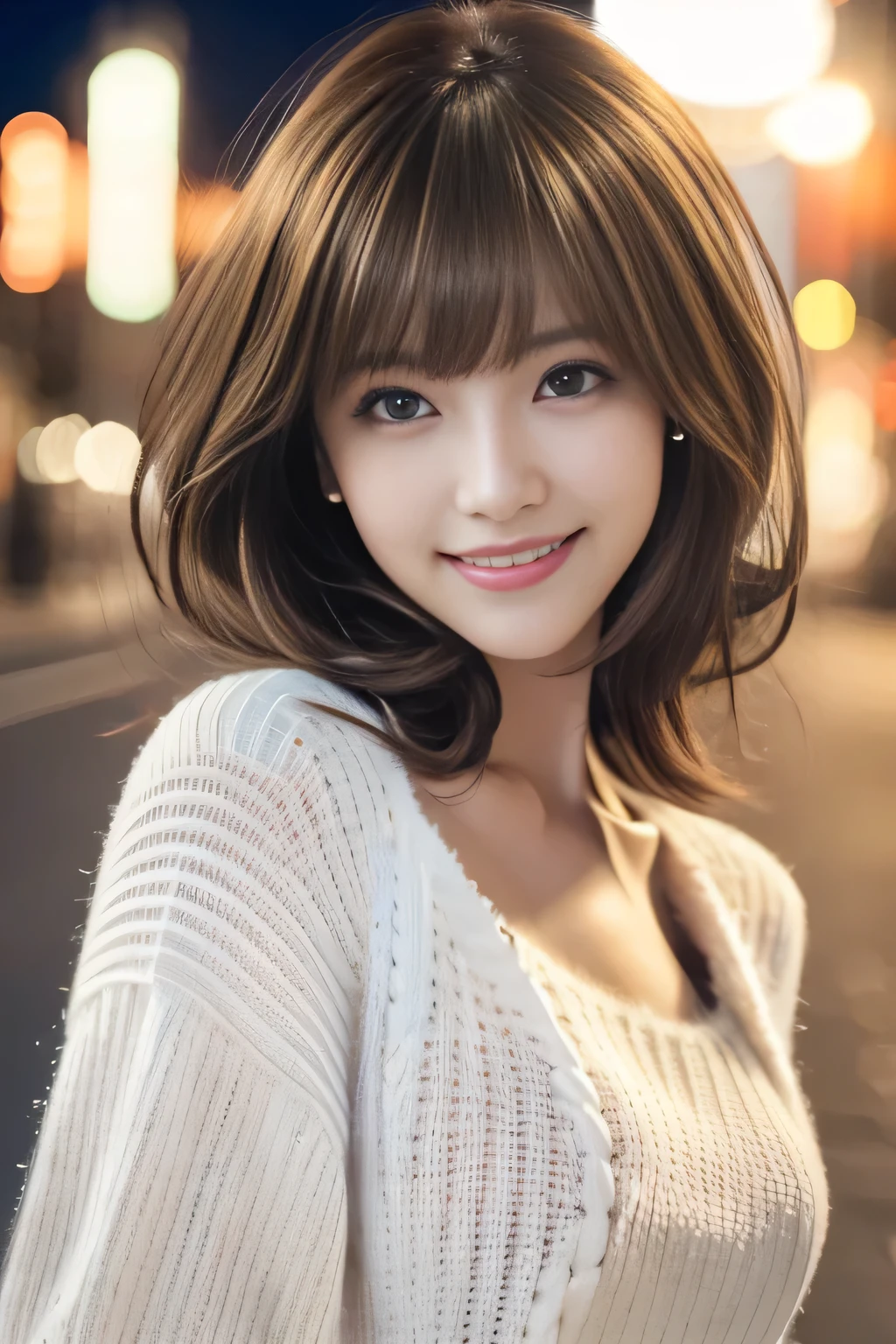 1girl in,(White sweater:1.4),(Fur trim,:1.2), (Raw photo, Best Quality), (Realistic, Photorealsitic:1.4), masutepiece, extremely delicate and beautiful, Extremely detailed, 8k wallpaper, amazing, finely detail, extremely detailed CG Unity, hight resolution, Soft light, Beautiful detailed 19 year old girl, extremely detailed eye and face, beautiful detailed nose, Beautiful detailed eyes,Cinematic lighting,city light at night,Perfect Anatomy,Slender body,Smiling (hair messy, asymmetrical bangs, light brown hair,)