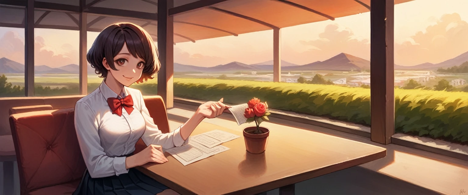 (8K, best quality, masterpiece:1.2), (SFW:1.3), (Practical, photo-Practical:1.37), Extremely detailed, 1 girl,Lovely, Solitary,Beautiful and detailed sky,Detail of cafe,night,sit,Dating,(Red and swollen nose),(Smile:1.1),(Shut up) Medium breasts,Beautiful and delicate eyes,(Collared shirt:1.1), bow tie,Pleated Skirt,(short hair:1.2),Flowing hair
