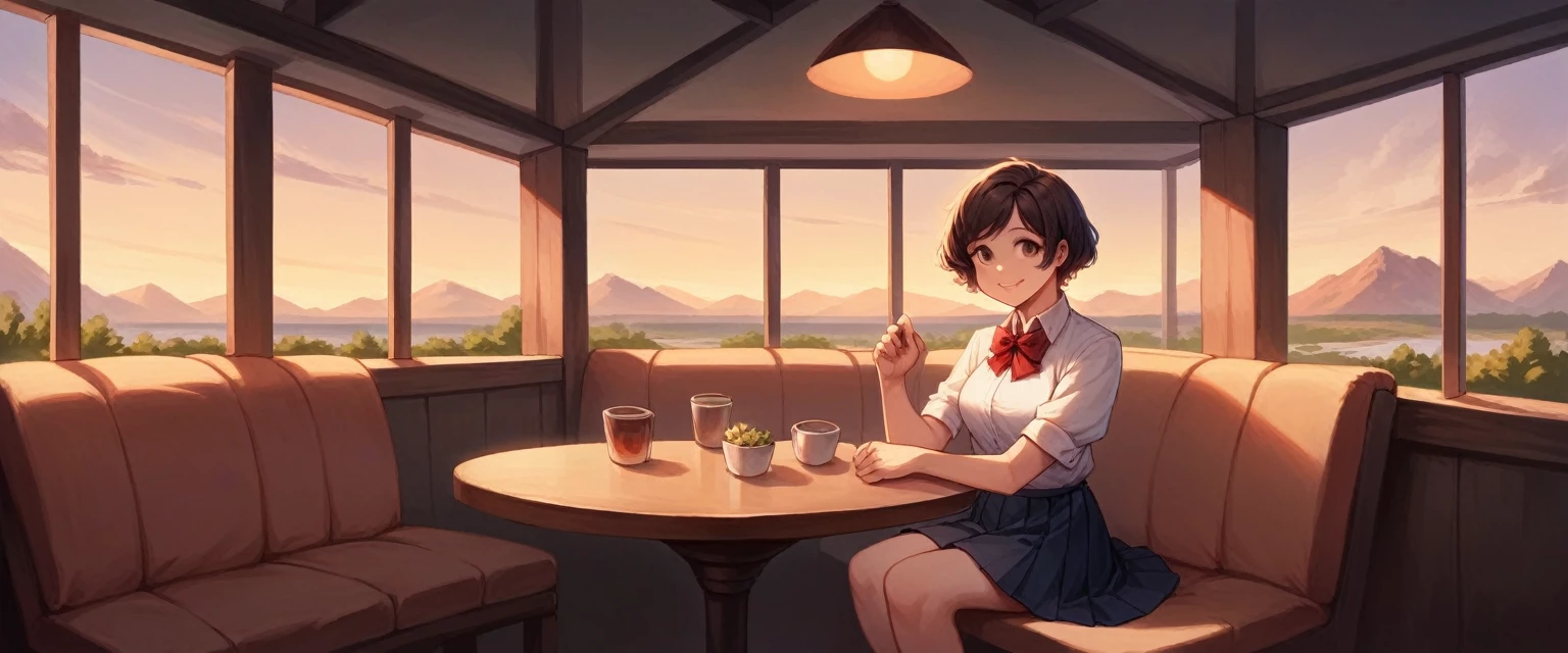 (8K, best quality, masterpiece:1.2), (SFW:1.3), (Practical, photo-Practical:1.37), Extremely detailed, 1 girl,Lovely, Solitary,Beautiful and detailed sky,Detail of cafe,night,sit,Dating,(Red and swollen nose),(Smile:1.1),(Shut up) Medium breasts,Beautiful and delicate eyes,(Collared shirt:1.1), bow tie,Pleated Skirt,(short hair:1.2),Flowing hair