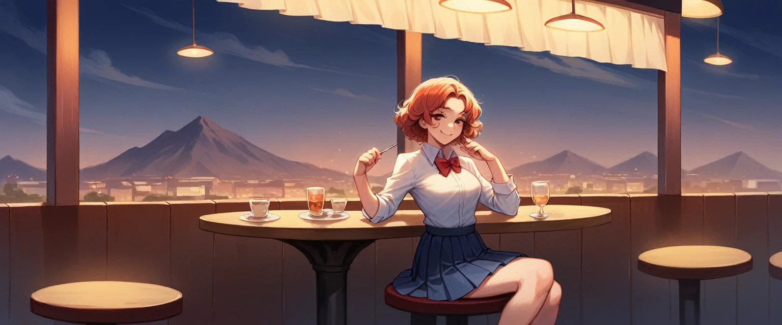 (8K, best quality, masterpiece:1.2), (SFW:1.3), (Practical, photo-Practical:1.37), Extremely detailed, 1 girl,Lovely, Solitary,Beautiful and detailed sky,Detail of cafe,night,sit,Dating,(Red and swollen nose),(Smile:1.1),(Shut up) Medium breasts,Beautiful and delicate eyes,(Collared shirt:1.1), bow tie,Pleated Skirt,(short hair:1.2),Flowing hair