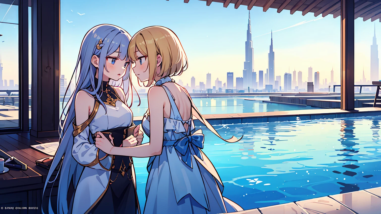 (masterpiece, best quality),2 women, different hair colors, different faces,letterboxed, perfection of fashion,chapped lips, sleeveless,dress,upper body, from the side,Infinity Pool,The horizon is reflected,Lounge Chair,marble floor,Advanced Table,Dubai Tower Transparent Infinity Pool,