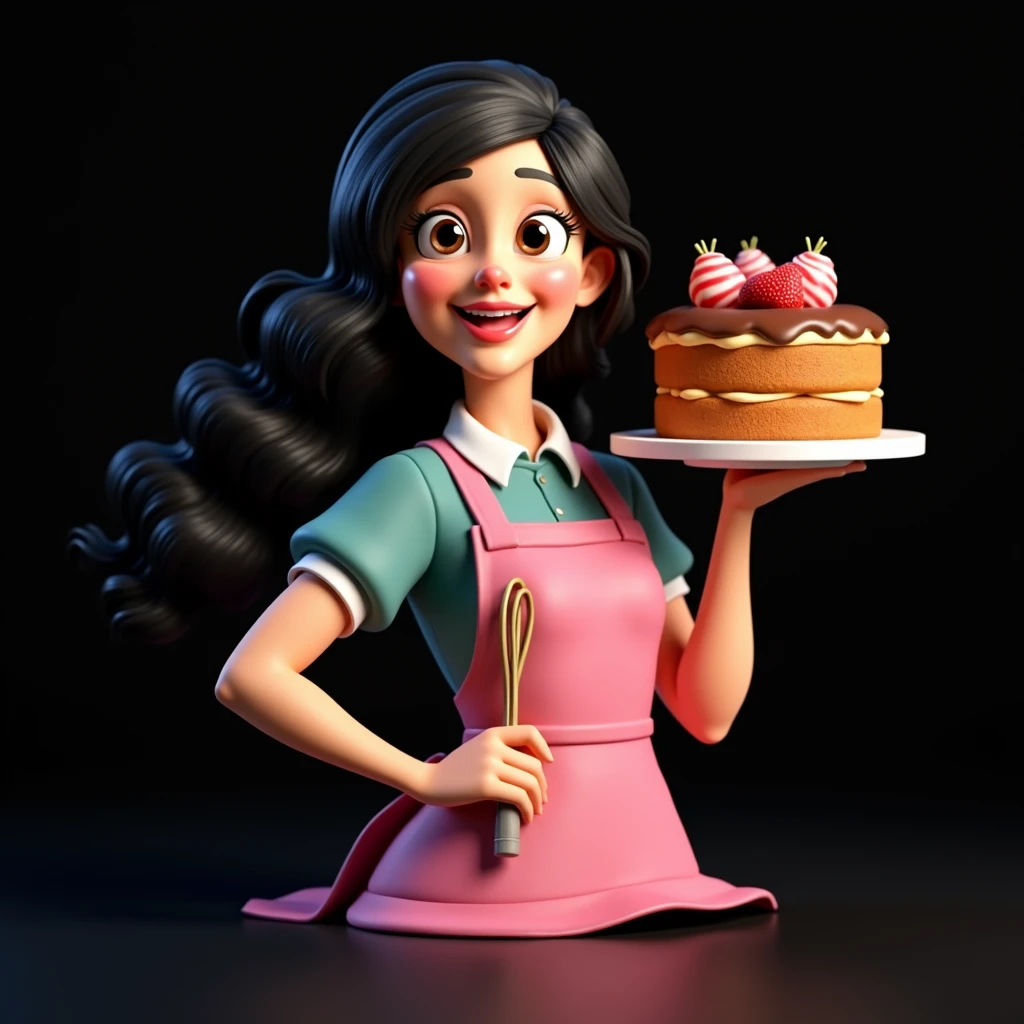 Cartoon character of a stylish woman in a pink apron, happy, black wavy hair, brown aligned eyes, big flat nose, in the left hand is holding a whip and in the right hand is holding a large cake, an animated character, stylized character, animation style rendering, 3d stylized, Arnold Maya rendering, Stylized 3D rendering, toon render screenshot, 3d character, 3d character, Stylized 3D rendering, 3D character rendering, cartoon character, Personagem de close up, character posing, (Pixar-style) (master part:1.2) (bokeh) (best qualityer) (skin detailed) (detailed texture) (8k) (Argilla) (cinematic lighting) (sharp focus,Sit down and lift your upper body
