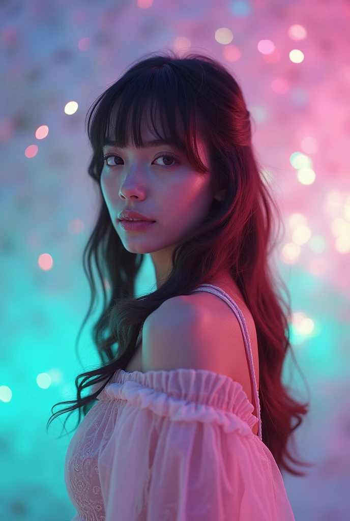 (fluorescent colors:1.4),(translucent:1.4),(retro filters:1.4), (fantasy:1.4), candy world Disney land ethereal soft fluffy soft landscape forest snowavatar Pastel pink sky green blue sparkle ethereal light pastel whimsical light rainbow stars diamonds sparkle gemstone background hyper realistic Ultra quality cinematic lighting immense detail Full hd painting Well lit,diagonal bangs, one ultra hot gorgeous European woman, age 23, collared dress,on side, masterpiece, best quality,realskin,(portrait:1.5), blunt bangs, long hair, full body.