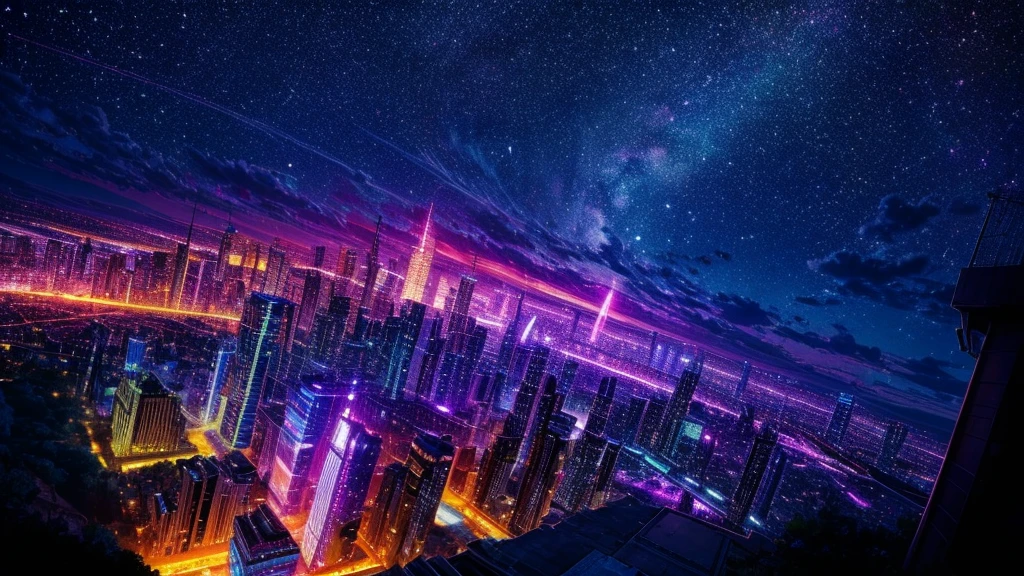 Music sheet playback、Colorful music sheets are played、Cute girl character、 Night view seen from a high place、Drawing a large number of high-rise buildings, Looking up at the starry sky. Surround her with colorful nebulae and a vibrant metropolis.
