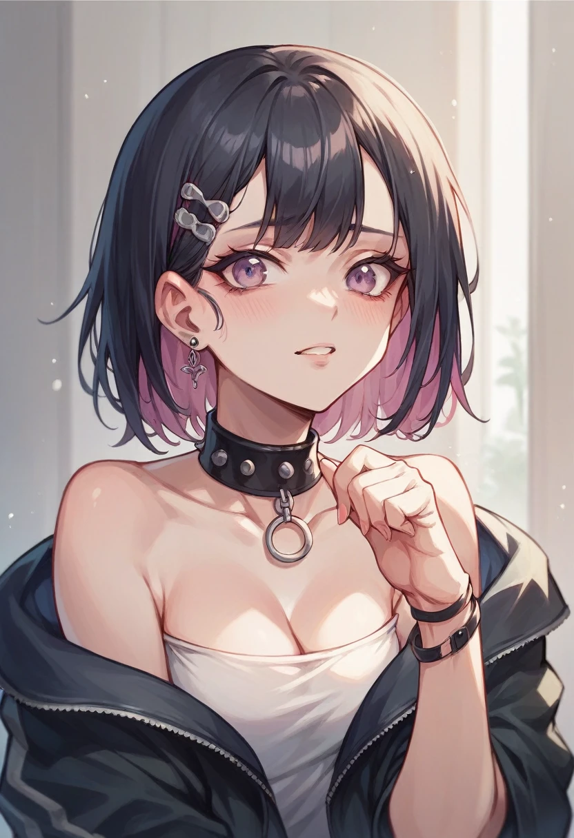 breasts, 1girl, jewelry, choker, earrings, solo, purple_eyes, clothes_lift, nipples, collarbone, upper_body, white_background, blush, short_hair, bangs, blue_shirt, bracelet, large_breasts, simple_background, long_sleeves, looking_at_viewer, lifted_by_self, black_choker, shirt_lift, ear_piercing, eyebrows_visible_through_hair, areolae, open_mouth, piercing, stud_earrings, finger_to_mouth, sweater_lift <lora:style_Kiyokujiyo:1>