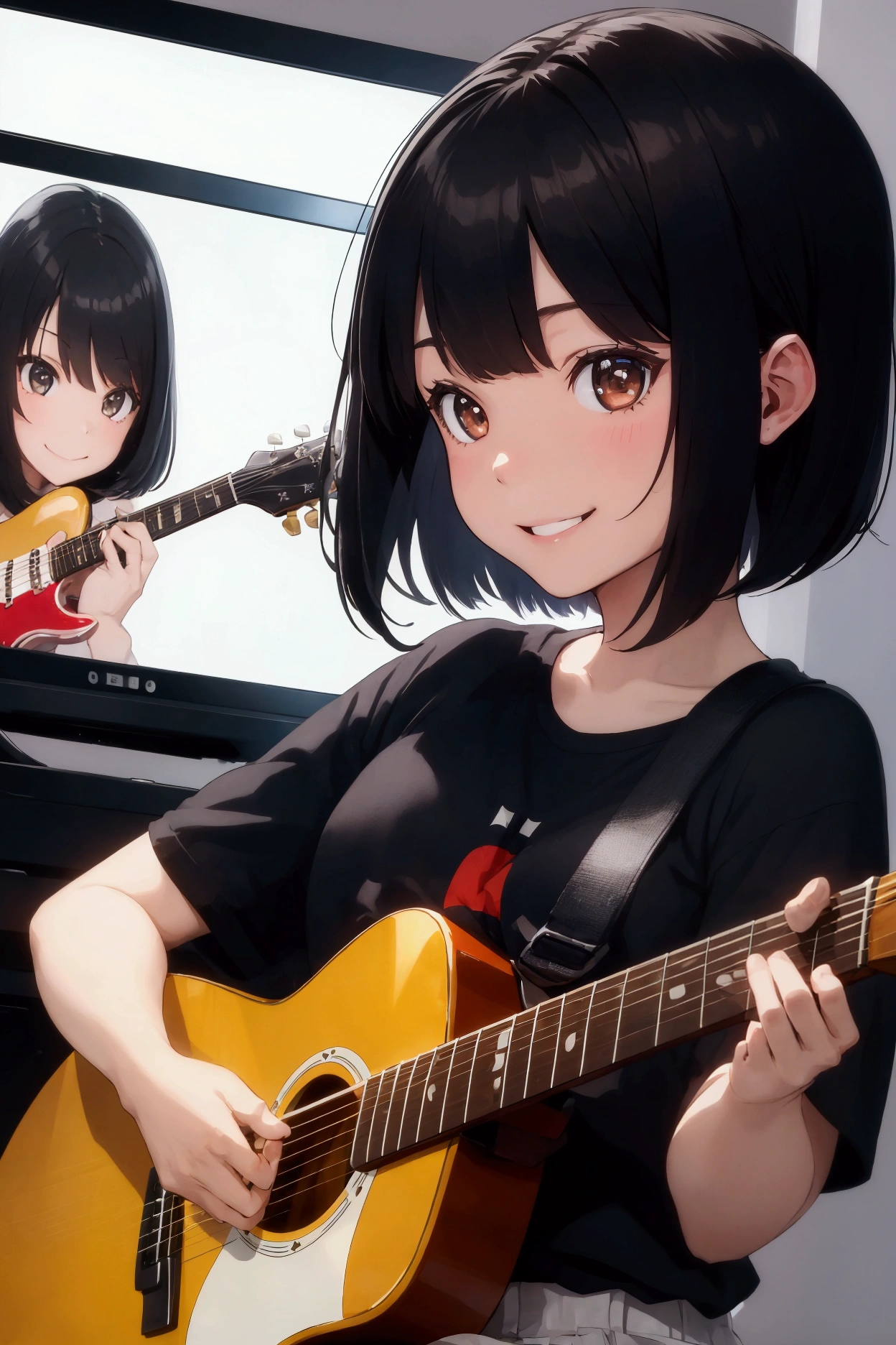 Girl playing guitar on the big screen,smile, profile, black hair, bob cut