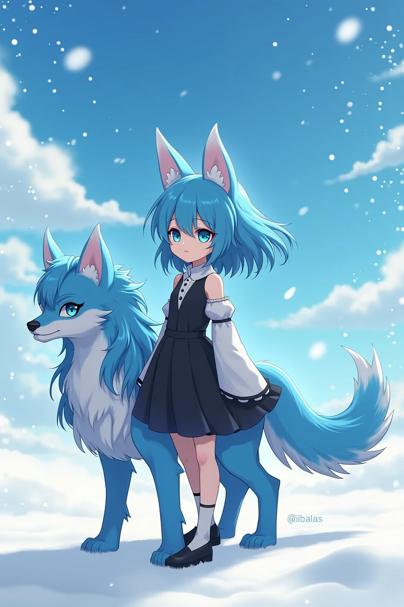 a beautiful anime girl, (best quality,4k,8k,highres,masterpiece:1.2),ultra-detailed,(realistic,photorealistic,photo-realistic:1.37), changeling girl, full body shot, wide blue fur, blue eyes, black and white clothes,  stature, snowy landscape background, detailed facial features, delicate skin, intricate clothing folds, sparkling snow, glowing blue hair, graceful pose, dynamic composition, vivid colors, dramatic lighting