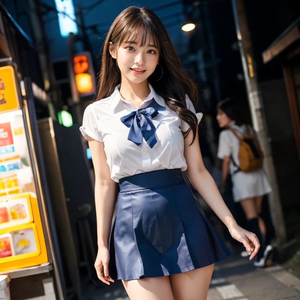 uniform、Highest quality、Face Focus、Plump thighs、Standing posture、Plump breasts、Soft light of large breasts、(Boundary depth notation)、Ultra-high resolution、(Photorealistic:1.4)、Raw photo、(On your knees:1.4)、(Landscape)1人のJapanese girl、good looking、(Full of embarrassment、Laughter:1.1)、(Brown eyes)、Detailed beautiful face、(Hair length)、High angle shot、Center view、An arabian woman in a satin shimmy standing in a neon street at midnight、Amazingly cute girl、Japanese girl、Wearing lace slip shimmy、Surreal school girl、Surreal school girl、High school girl pose、Full Body Evian、Nice skin、Glowing Skin、Nice thighs、Shining thighs、Shining Legs、On your kneesの黒いハイソックス、Japanese High School、Nogizaka Idol、Korean Idol、Invite me inside、（（Inviting eyes））