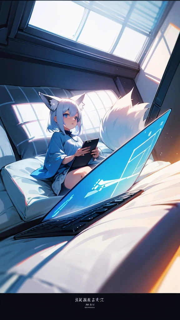 Fox girl with white hair wearing a blue and white dress playing games on her laptop in a bedroom. Wide shot, high quality,(masterpiece), short white hair, poofy ears, side shot, happy