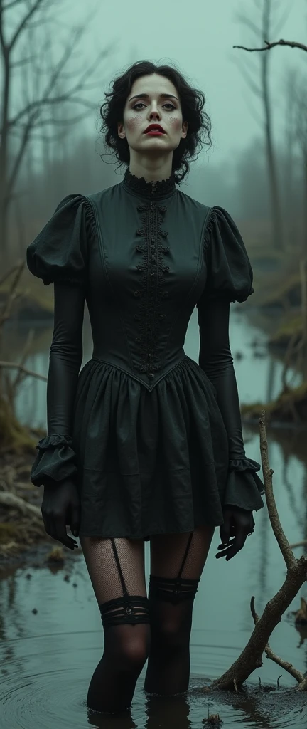  19 century setting, drama, stuck in bog,short high-neck closed dress, mini-dress, high-neck dress, aristocratic hairstyle, stockings with garters, red lips, goth, aristocratic behaviour