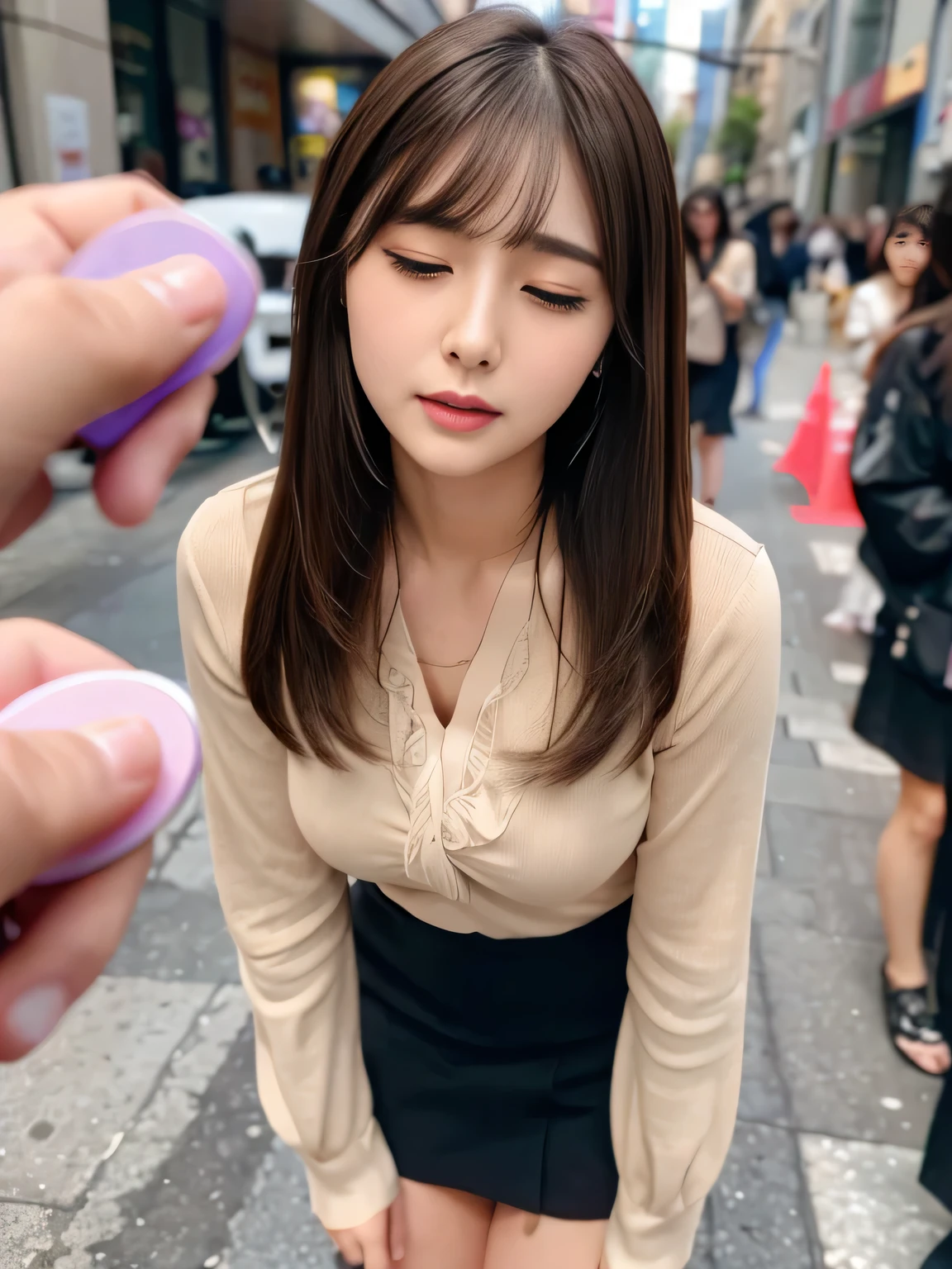 Vibrator prank during live TV broadcast,announcer women,She leaned forward.,(She closes her eyes),she yawns, A lot of people around、Hand holding a pink remote control outside the frame,She wants me to stop using the vibrator,Look here and plead、Embarrassed face、She puts her hand on her crotch,She is wearing a black suit with a tight skirt、White blouse、She is interviewing with a microphone in her hand、announcer、Interviewing the other party、news caster、Fluffy medium hair、Pure erotic face、(Masseter muscle area:1.3)、(8k、Photorealistic、RAW Photos、Highest quality: 1.4)、(One Girl)、Very beautiful face、Very beautiful face、Very beautiful face、(Very realistic face)、(Brown hair、Fluffy medium hair:1.3)、Very beautiful hairstyles、Very realistic eyes、Very beautiful details、(Extremely realistic skin)、Very beautiful skin、absurdes、Very attractive、Ultra-high resolution、surreal、High definition、Golden Ratio、Golden Ratio、Golden Ratio、beauty、beauty、beauty。