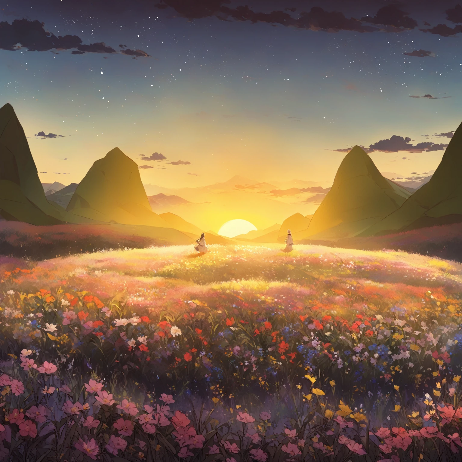 Comic scene,A valley full of flowers,In the distance are mountains,The sun lights up the night sky rising over the valley。