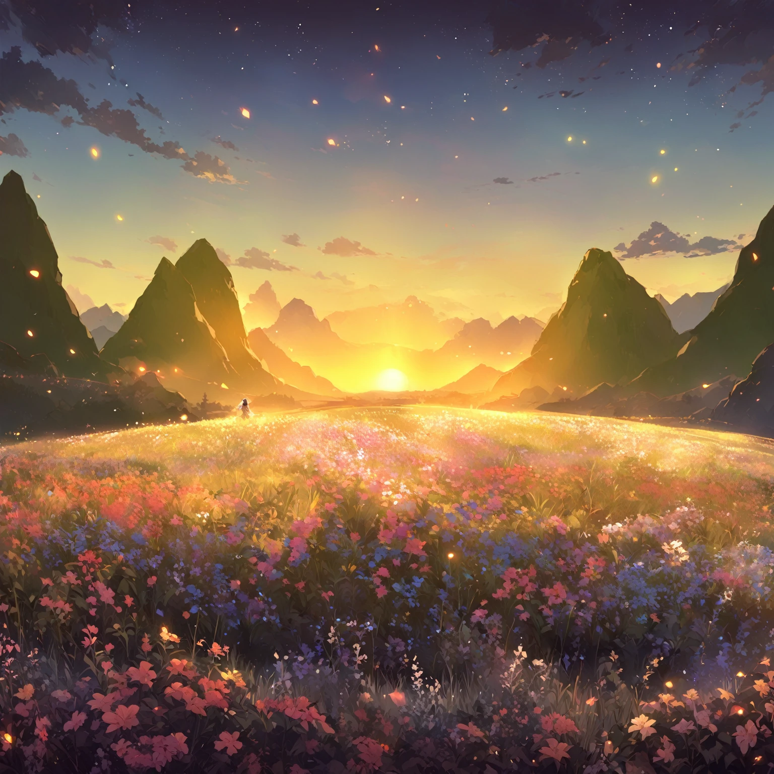 Comic scene,A valley full of flowers,In the distance are mountains,The sun lights up the night sky rising over the valley。