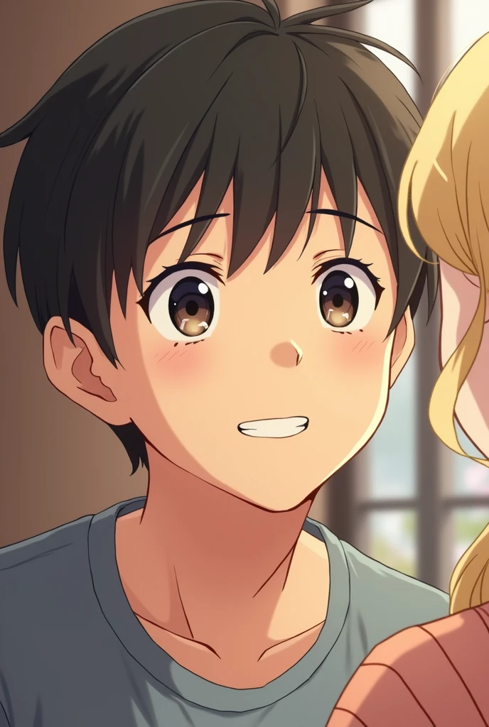 Close-up frontal angle、The scene shows him smiling and listening to her.、Anime-like style
