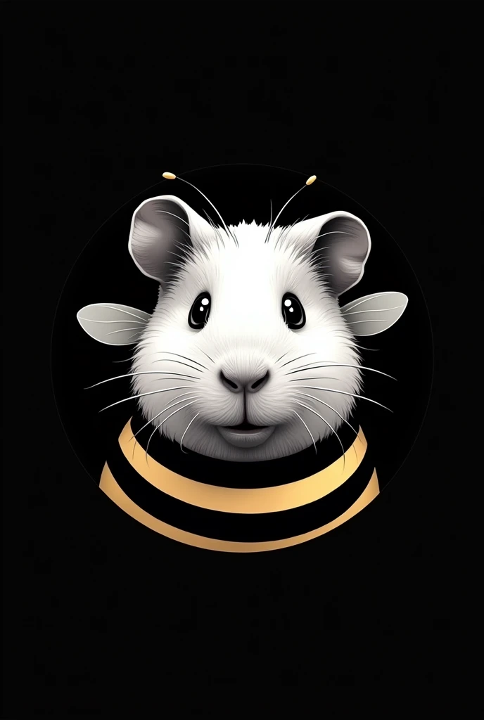 Give me the head of a guinea pig in a bee costume. Better do it with a totally black background and only use white, that&#39;s fine. Now do it in a circular logo format.