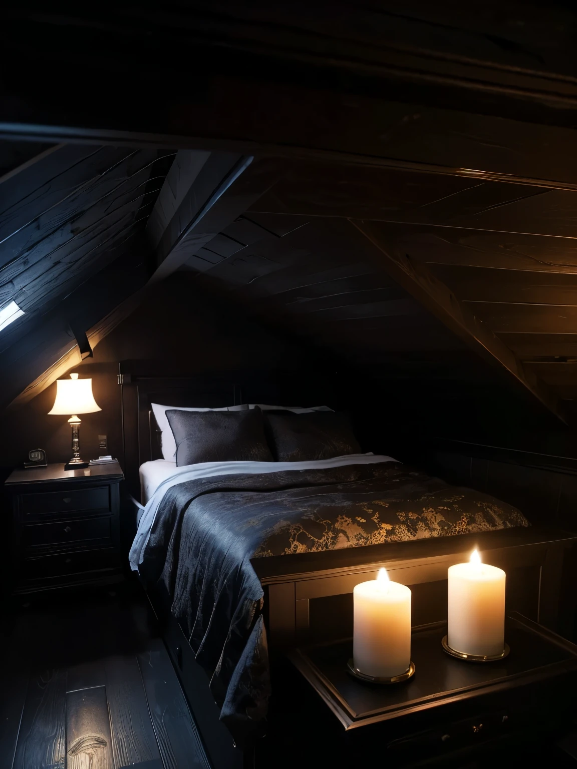 (masterpiece, best quality:1.2), ultra high resolution, professional lightings, cinematic lightings, 8k wallpaper, (((narrow & small attic room, bed, dark atmosphere, dark attic room))), candles on the side table, 