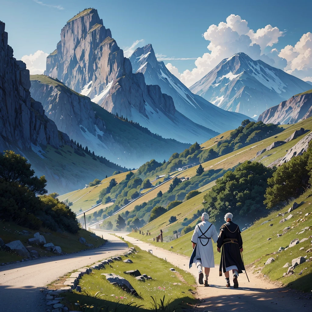 A mountain landscape can be seen. A young man with black hair dressed in Greek clothing and an old man with white hair dressed in Greek armor walk along a path.