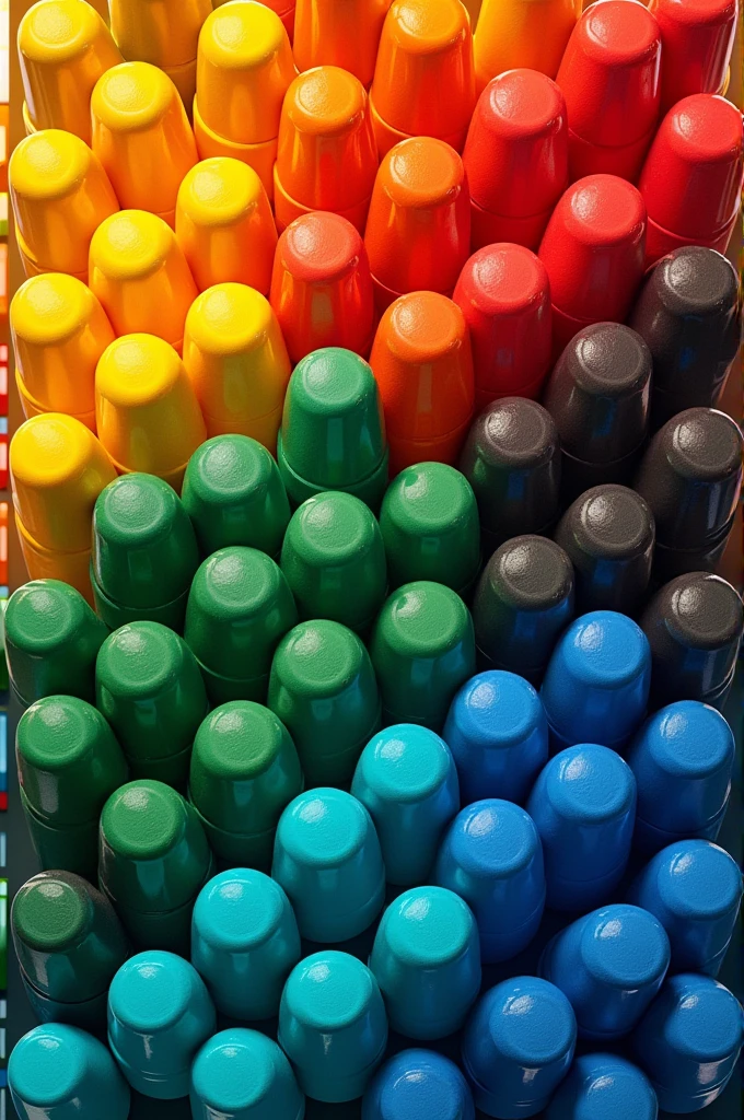Make a painting with 118 yellow, 86 red, 68 green, blue 55, black 36 caps and they are all same size.