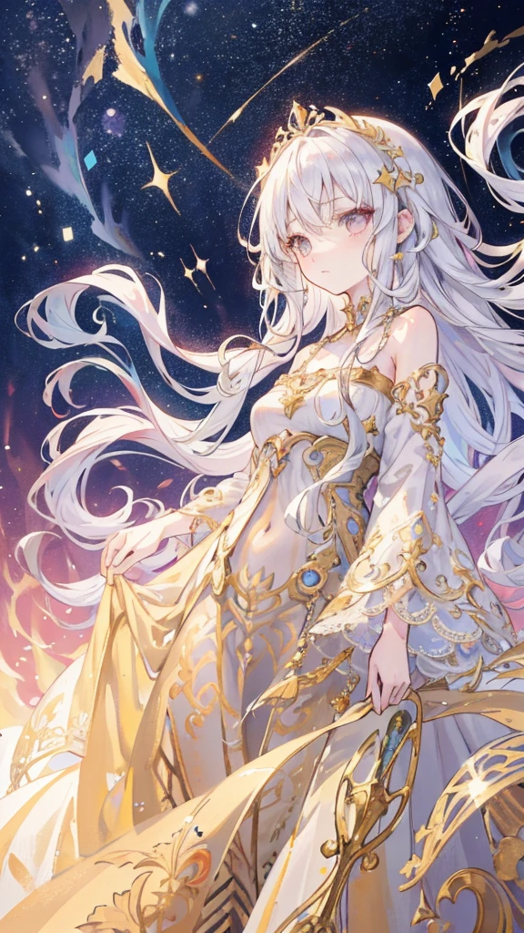 Detailed background, masterpiece, best quality, 1 person , curls, White long hair, Golden Eyes, star in eye , strapless top, Long skirt