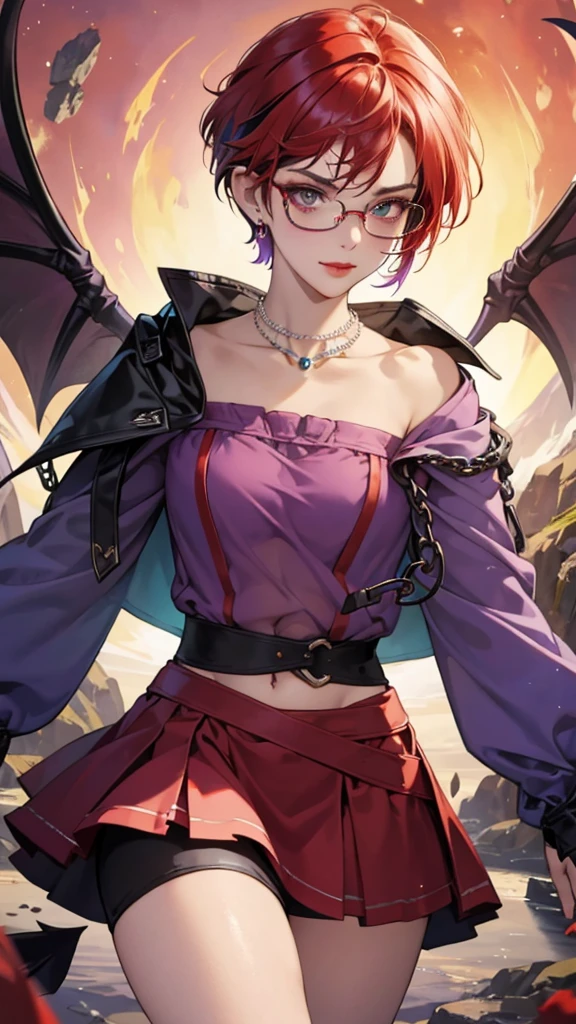 8k, masterpiece, best quality, highly detailed, 1 girl, tiefling, warlock, pixie cut, multicolored hair, very short straight hair red highlight hair on white hair, strippled hair, wearing glasses, round glasses, earrings, navel piercing, red eyeshadow, long eyelashes, blushed cheek, red lips, pearl necklace, rings, collarbone, mole on face, glamorous, teal and purple clothes, miniskirt, smirk, close up view, rings, looking at viewer, demon horns, solo, blood red moon, standing, royal dress, chains, firing fire blast
