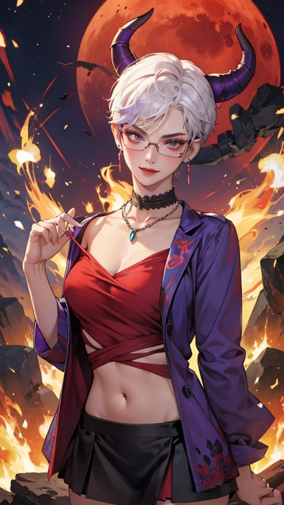 8k, masterpiece, best quality, highly detailed, 1 girl, tiefling, warlock, pixie cut, multicolored hair, very short straight hair red highlight hair on white hair, strippled hair, wearing glasses, round glasses, earrings, navel piercing, red eyeshadow, long eyelashes, blushed cheek, red lips, pearl necklace, rings, collarbone, mole on face, glamorous, teal and purple clothes, miniskirt, smirk, close up view, rings, looking at viewer, demon horns, solo, blood red moon, standing, royal dress, chains, firing fire blast