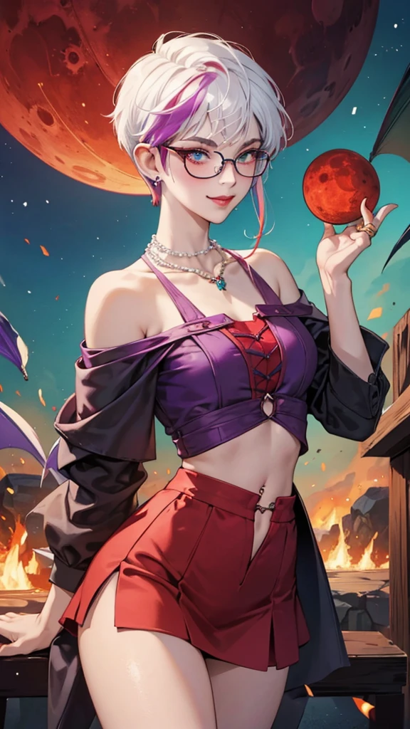 8k, masterpiece, best quality, highly detailed, 1 girl, tiefling, warlock, pixie cut, multicolored hair, very short straight hair red highlight hair on white hair, strippled hair, wearing glasses, round glasses, earrings, navel piercing, red eyeshadow, long eyelashes, blushed cheek, red lips, pearl necklace, rings, collarbone, mole on face, glamorous, teal and purple clothes, miniskirt, smirk, close up view, rings, looking at viewer, demon horns, solo, blood red moon, standing, royal dress, chains, firing fire blast