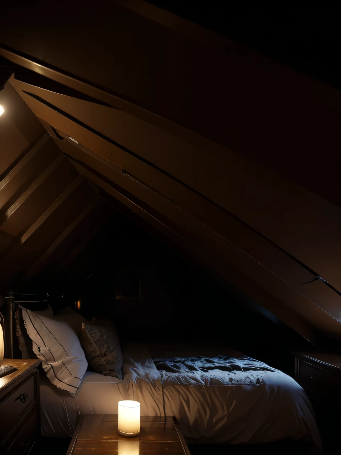 (masterpiece, best quality:1.2), ultra high resolution, professional lightings, cinematic lightings, 8k wallpaper, (((narrow & small attic room, bed, dark atmosphere, dark attic room))), candles on the side table, 
