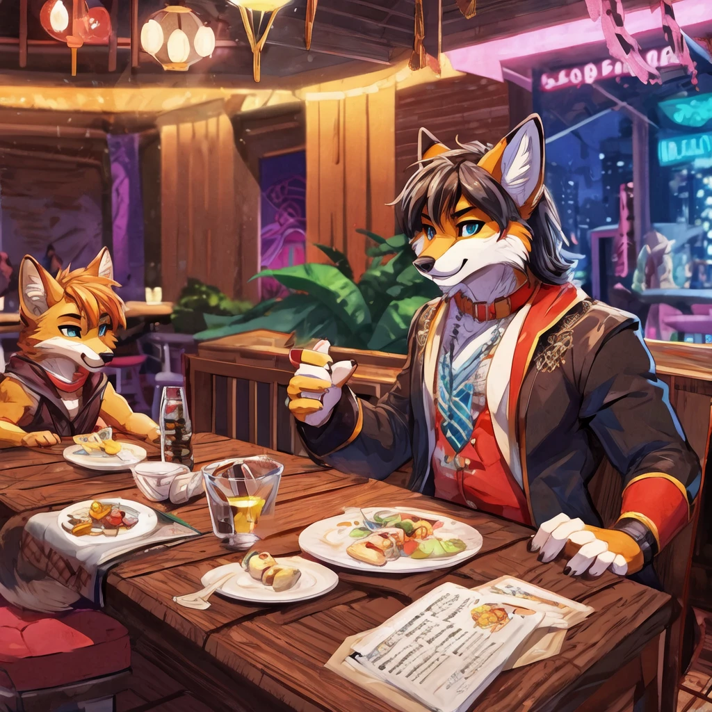 There's a cat and a dog standing on a table, furry art!!!, fursona art, cel shading technique!!!, fursona!!!!, restaurant scene, chilling in the club together, on a Table sitting, fur affinity commission, fursona furry art commission, Beautiful Were Fox Fursona, very very beautiful furry art