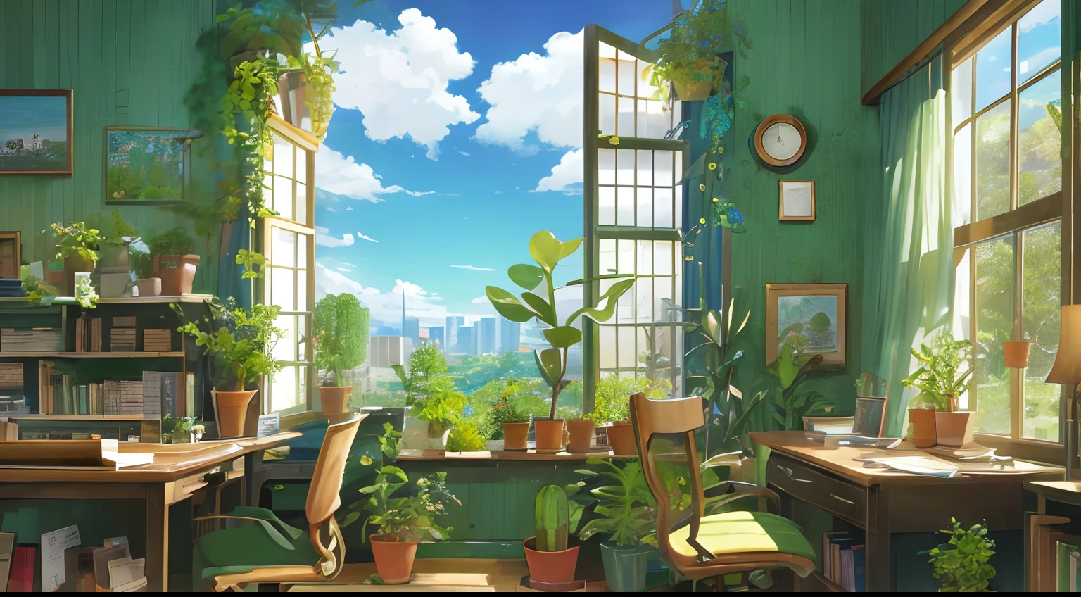 a desk, Green Plants, Panoramic windows with a view of nature, blue sky very detailed, Intricate detailing, Objects such as monitor keyboard, 4 pictures on the wall, Container with succulents, Books, Astrolabe, Cacti in pots, im Anime-Stil von Ghibli