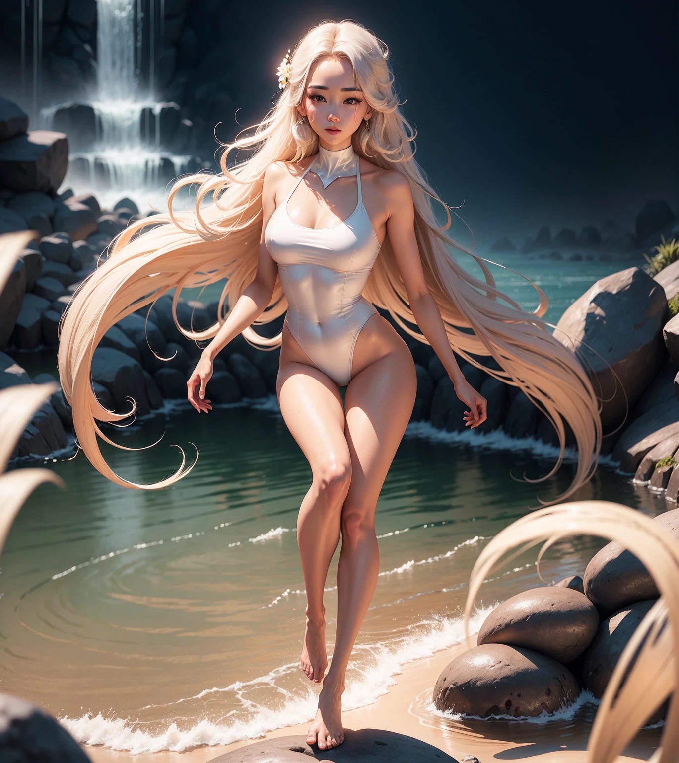 Tall, naked curvy woman, long platinum blonde wavy hair, purple eyes, standing in magical waters, crystal cave, moonlight 