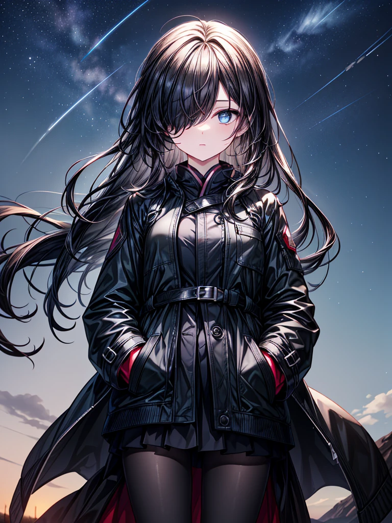 ((Oriental Project)),((masterpiece)),((Highest quality)),((Alluring)),((alone)),((Deep blue pupils)),((Beautiful Blue Eyes)),((Wearing a black coat)),((Wear a black aura)),((Black long tights)),((Black mini skirt)),((Slim body)),((length, Shiny black hair)),((Hair blowing in the wind)),((Her hair is parted, and you can see her eyes through it)),((Wearing black gloves)),((hair over one eye,long hair)),((Put your hands in your pockets)),((Complex background)),((Fantastic night starry sky)),((prairie))