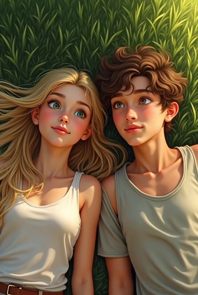 A girl with blonde hair, white skin and green eyes lying on the grass and next to her is a boy with brown hair, hazel eyes and tanned skin who is also lying on the grass. They are both 17-year-olds. They are lying face up. 