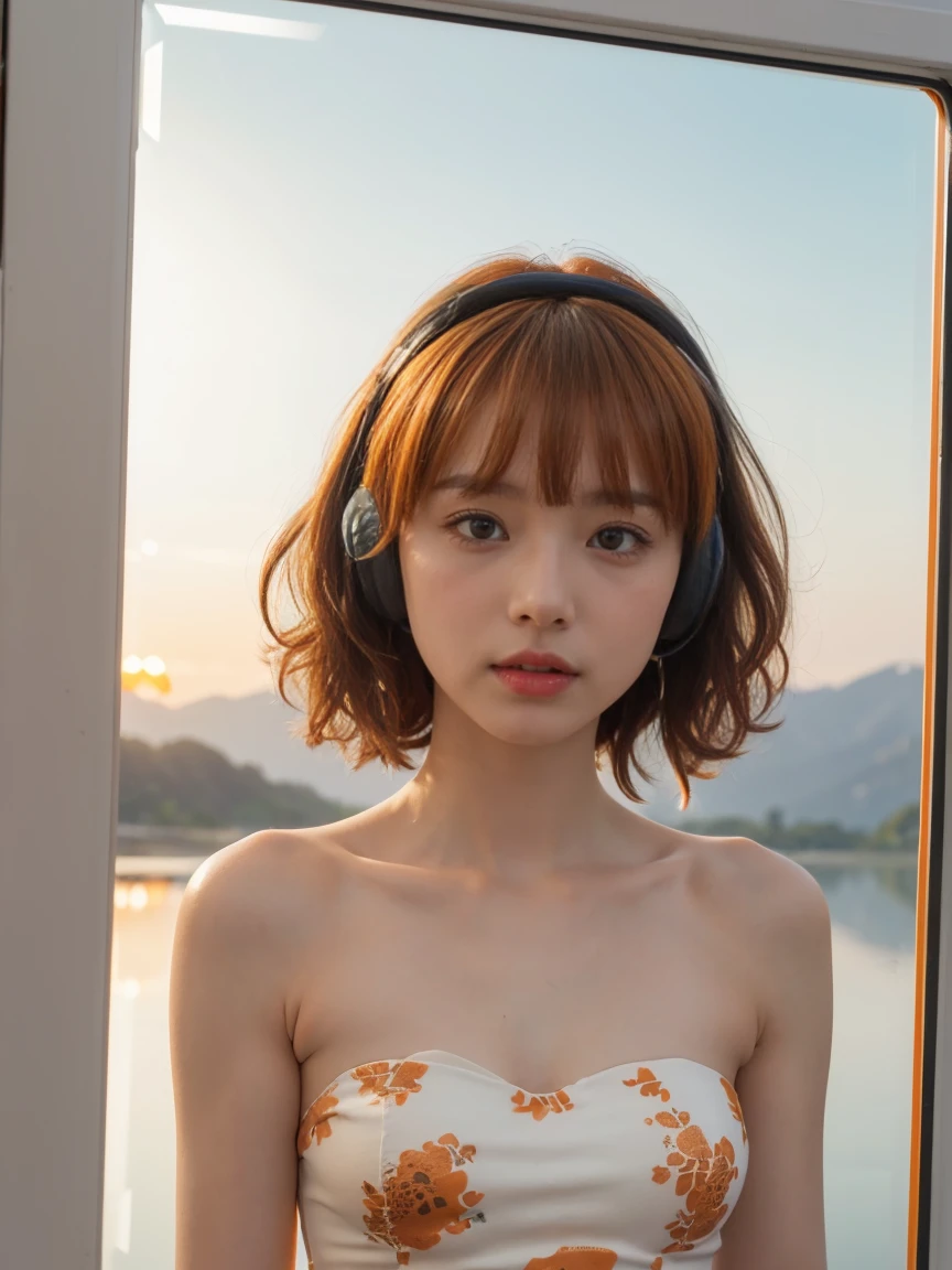 (Highest quality), (Photorealistic:1.3), (masterpiece:1.3), CG, 8k, wonderful, In detail, Very detailed, High resolution, Absurd, (1 girl: 1.5), Sexy Body,(live-action:1.3), ((Bright pink short curly hair with bangs:1.3))、(Dark eyeshadow makeup:1.4)、((Big white headphones:1.8))、((Wearing an orange and white printed strapless dress: 1.5))、 (Majestic mountain peaks、sea of clouds), (Very wide summit), (sunset), (Natural light:1.0), (Upper Body: 1.8), (Close-up: 0.8), Portrait, Cinematic lighting, shine, Ray Tracing, ((reflected light:1.5)), (f135mm, uhd), correct, Skin Texture, Amazing details, (Surrealism: 1. 2)、BREAK、(Japanese:1.3)、(28 years old:1.0)、((Small breasts:1.7))、(Long, large, narrow eyes:1.6)、(Realistic eyes:1.6)、(160 cm height:1.2)、I'm a little overweight、(Transparent white skin:1.2)、(Dark eyeshadow makeup:1.4)、BREAK、(The right move:1.6)、(Right fingertips:1.6)、Sexy pose、(Put your hand on your cheek:1.5)、BREAK, young, (Looking at the audience), (Mouth closed:1.2), Abstract, Very delicate and beautiful, Best Shadow, Beautifully detailed nose, Beautifully detailed by hand, (beautiful, delicate and shiny lips: 1.3), (Glowing skin on face and body), ((blonde)), Curly Hair, (自然なSkin Texture, Hyperrealism, Soft Light, sharp), Exposure Blending, Medium Shot,