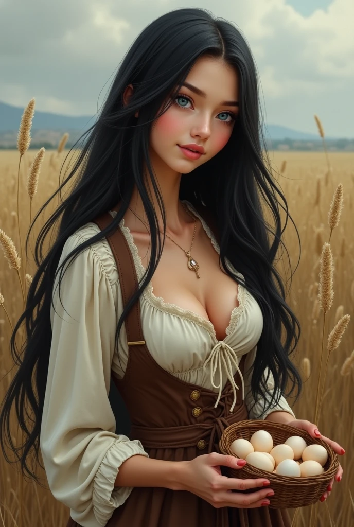 Girl with long hair, black in color, blue colored eyes. with big breasts, slim with hips and ass, no belly. Dressed as a peasant collecting eggs , the realistic image
