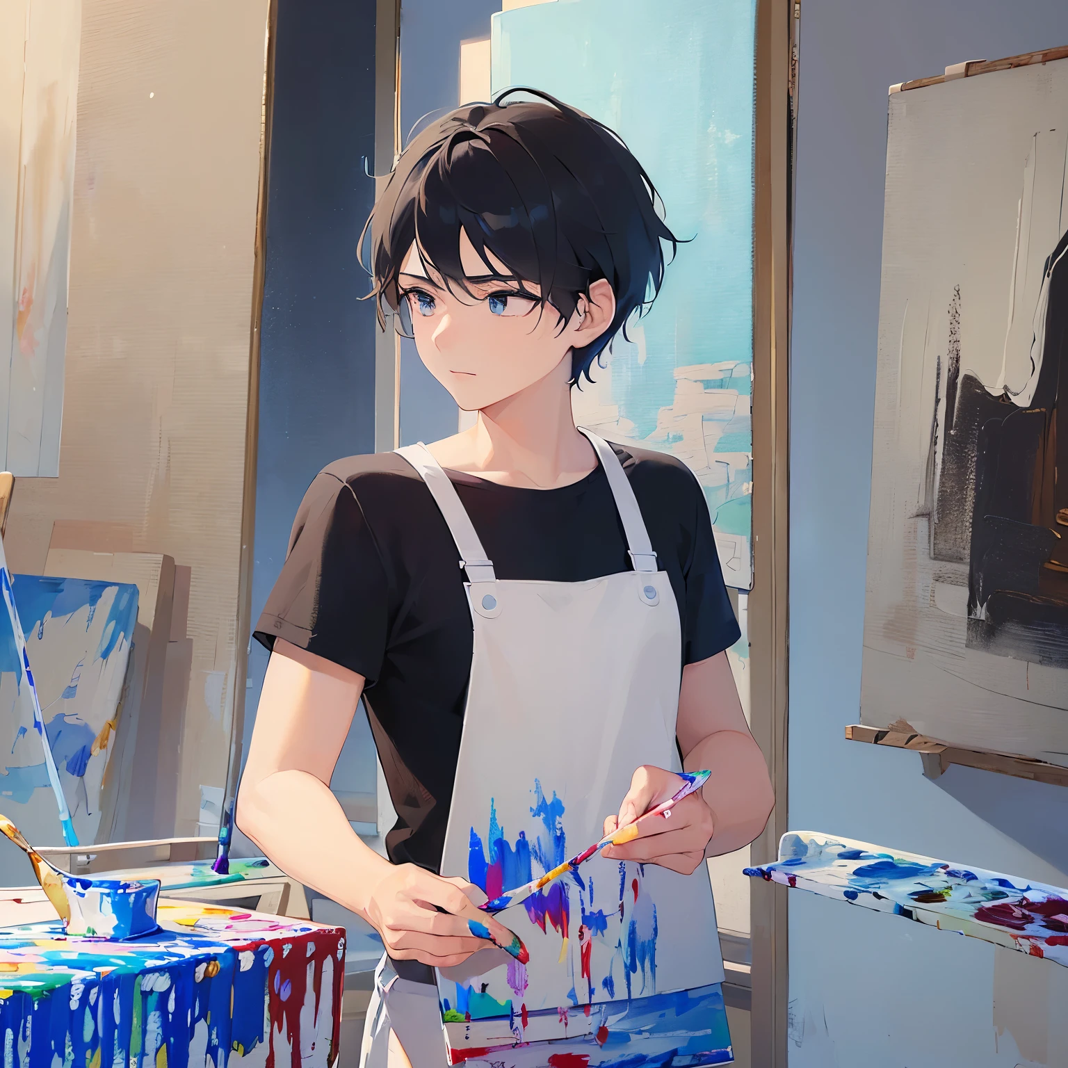 (painting on canvas:1.5)、(looking away:1.5),(25-year-old male:1.3) and (Black short hair) and (blue eyes), ,Side shot、upper body、
shiny skin, masterpiece、Highest quality、
(black T shirts)、apron、canvas、
Serious,Art Room