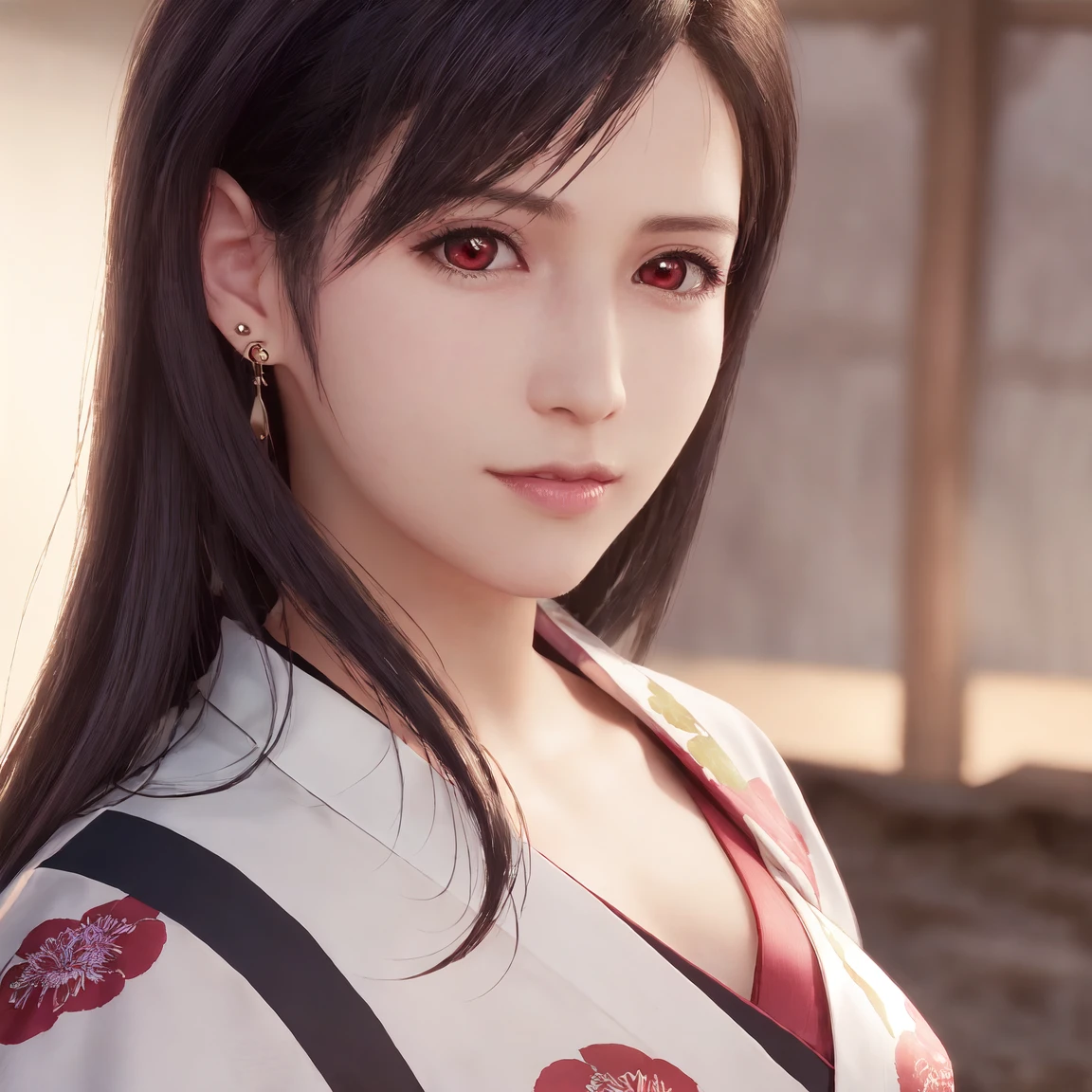 tifa lockhart,red_eyes,black hair,long hair,earrings, jewelry,((female)),Solo,(20yo:1.3),(japanese,cool beauty:1.2),(photo realistic,perfect anatomy:1.3),(hyper detailed, masterpiece:1.2), best quality,RAW photo, exquisite, beautiful ,From Behind,((Cowboy Shot)),sharp focus, depth of field ,blur background, bokeh ,Lens Flare, Ray tracing,Cinematic lighting,(detailed face),((yukata)),folded fan,((put hair in ears)),Looking Over Shoulder,Half Smile,blush,black hair