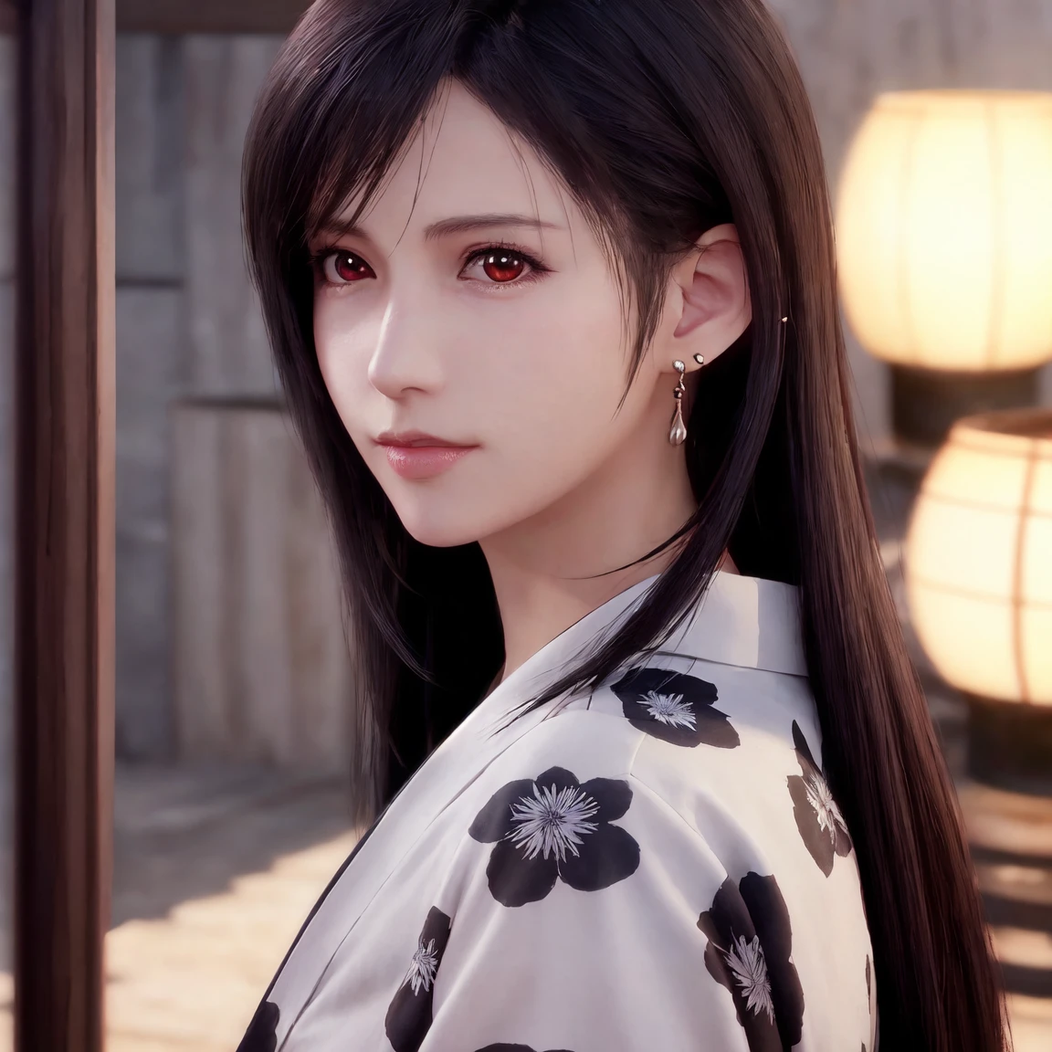 tifa lockhart,red_eyes,black hair,long hair,earrings, jewelry,((female)),Solo,(20yo:1.3),(japanese,cool beauty:1.2),(photo realistic,perfect anatomy:1.3),(hyper detailed, masterpiece:1.2), best quality,RAW photo, exquisite, beautiful ,From Behind,((Cowboy Shot)),sharp focus, depth of field ,blur background, bokeh ,Lens Flare, Ray tracing,Cinematic lighting,(detailed face),((yukata)),folded fan,((put hair in ears)),Looking Over Shoulder,Half Smile,blush,black hair