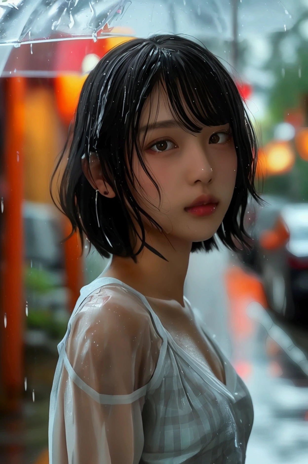 (8k, Photorealistic, Raw photo, Highest quality: 1.4),Japanese idol-style beautiful girl,1 person,17 years old,(Short Bob),(Black),She has her hair tucked behind her ears,Clear grey eyes,Eyes moist,Long eyelashes,(piercings(small)),(Lip gloss),lips(Plump,glossy),Skin that is as white and smooth as translucent porcelain,Thin and delicate shoulders,thin abdomen,(blouse(White,Short sleeve)),(Pleated skirt(Plaid)),(loafers),summer,On the way home from school,Sudden rain,Soaked from head to toe,My shirt is wet and transparent,On the way home from school,Rain shelter under the eaves,Looking out at the rainy street,(Full body snapshot: 1.4)